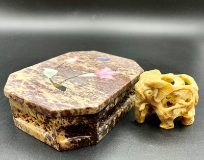 Collection Lot of 2 Hand Carved Soapstone Trinket Box and Elephant Mother w/Baby