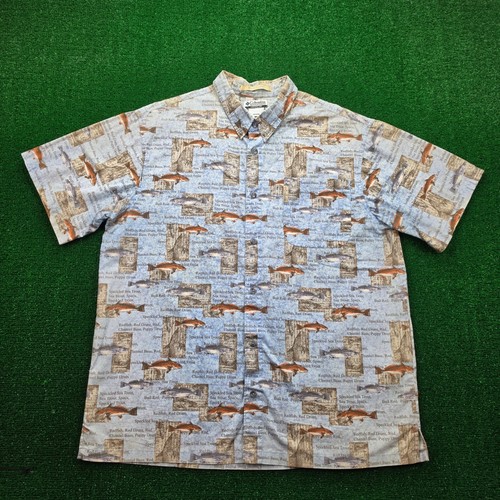 Columbia, Vintage Columbia Sportswear Shirt Mens XL Blue River Lodge Saltwater Fish AOP