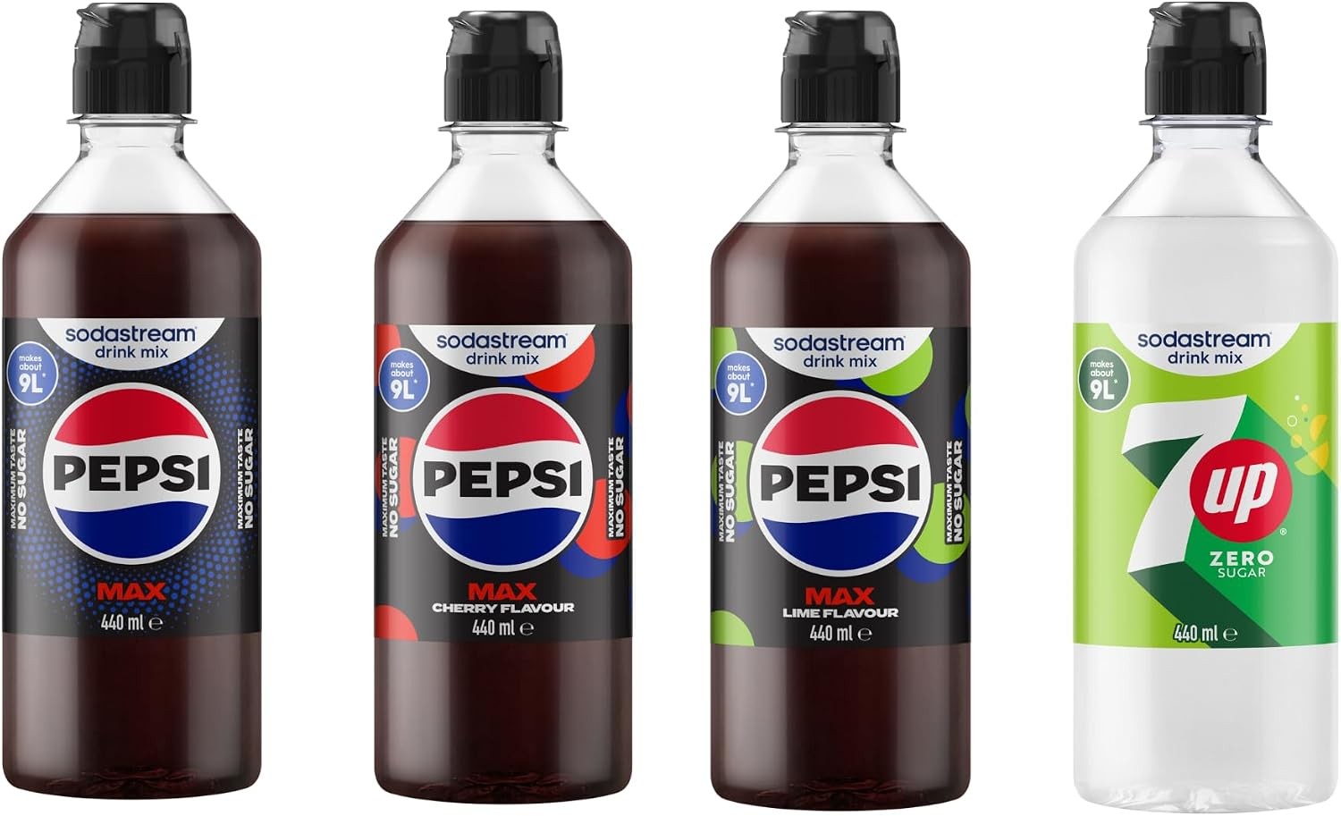 Sodastream Syrup Mixed Pack, Pepsi MAX, Cherry, Lime & 7UP Zero Fizzy Water Flavouring Syrup, Sugar Free Sparkling Drink Mix, Official Pepsi & 7UP Flavours, 4 x 440ml Multipack, Makes Up to 36L - Image 3