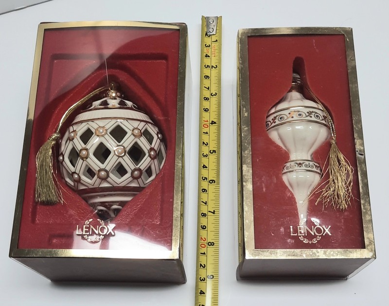 Vtg LENOX Porcelain Christmas Ornaments Pair Gold Accents MIB