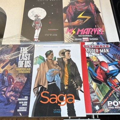 5 books, Ultimate Spider-Man Power and Responsibility, Saga, Ms. Marvel No Norm 