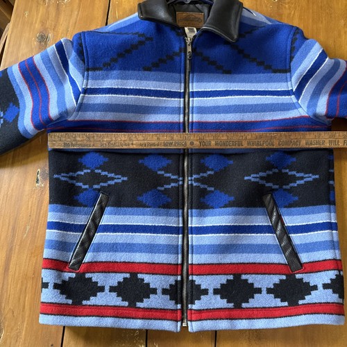 Pendleton Jacket Womens Small Blue Wool Leather Collar Trim Aztec Western USA - Picture 15 of 18