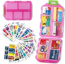 Pill Organizer with Medicine Labels Travel Daily Box Stickers, Pink