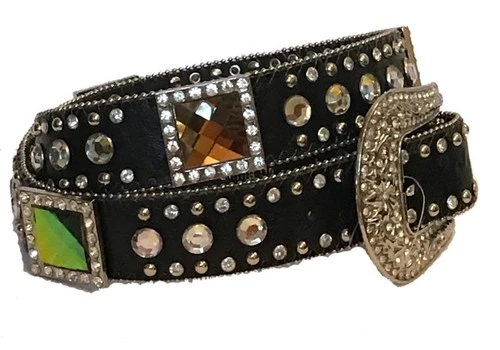Atlas Western Womens Belt Square Conchos Rhinestones Studded Conchos Black
