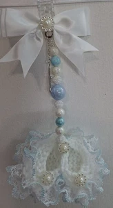 Pram charms*new*white Boys booties  pram charm hand knitted With Silver pram