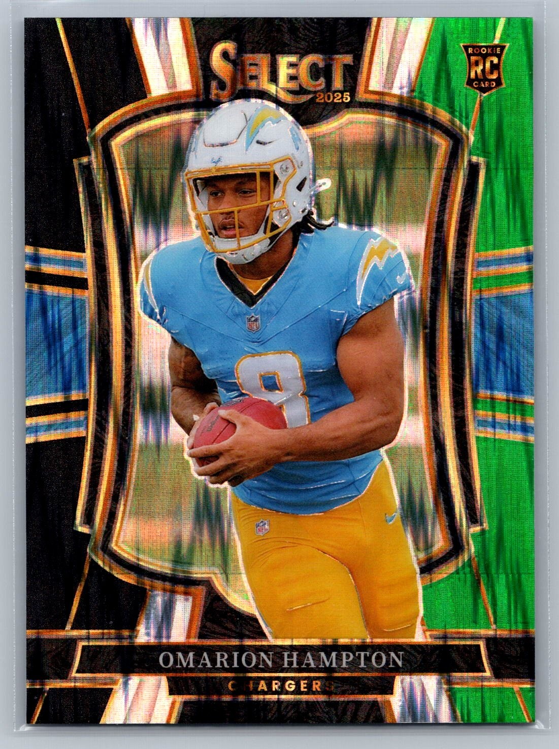 Omarion Hampton 2025 Panini Select Rookie Black and Green Prizm Shock #102