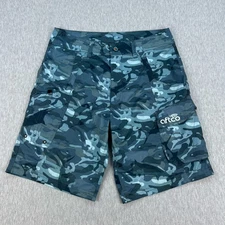 AFTCO Cargo Shorts Mens 32 Blue Camo 9" Inseam Fish Performance Stretch Ripstop