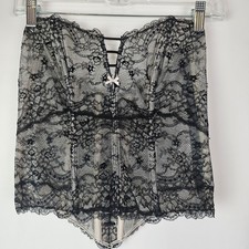 Victoria's Secret Black Lace Strapless Sheer Floral Corset Bustier Lace-Up Zip M