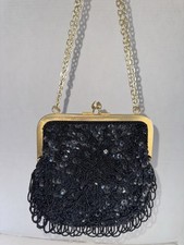 Vintage Elegant Black Sequin Evening Beaded Black Bag Gold Chain Hong Kong Made