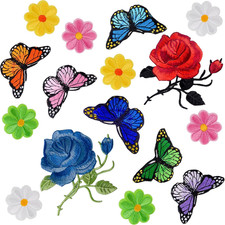 16 Pieces Flowers Butterfly Sunflowers Iron On/Sew on Patches Rose Embroidery Ap