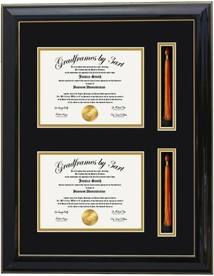 Custom Double Diploma Frame with Tassel Holders - Black/gold - Real Wood & Glass
