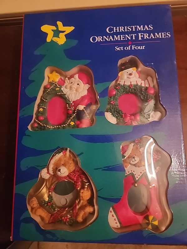 Vintage 1994 Christmas Ornament Frames Set of Four Snowman Elf Bear Stocking