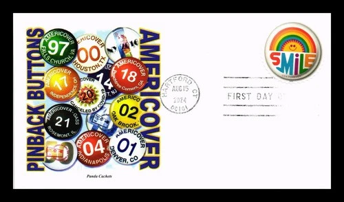 US COVER FIRST DAY OF ISSUE PANDA CACHETS PINBACK SMILE BUTTON AMERICOVER