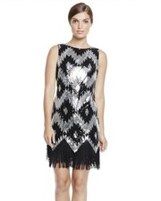 VINCE CAMUTO BLACK/SILVER AZTEC ZIGZAG SEQUIN w/FRINGE HEM DRESS (Sz-2) NWT $268