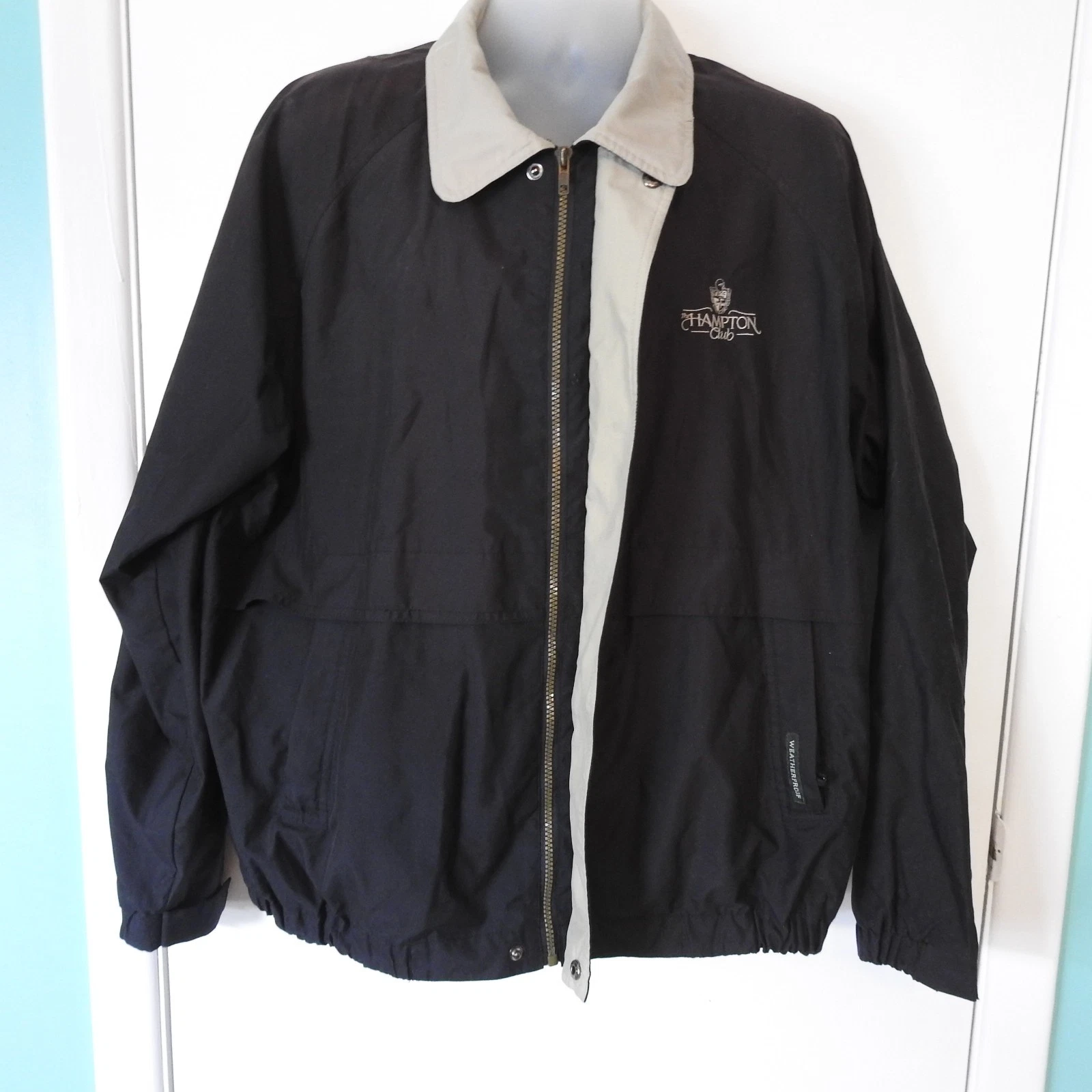 Weatherproof Hampton Club Windbreaker Jacket Mens Large Black Tan Mesh Lined