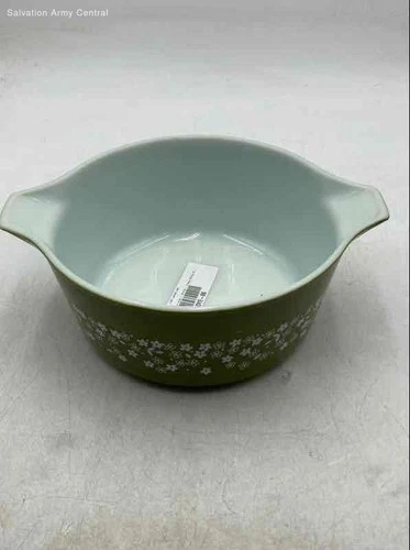 Vintage Pyrex 474-B Crazy Daisy Green White Glass Round Shape Casserole Dish