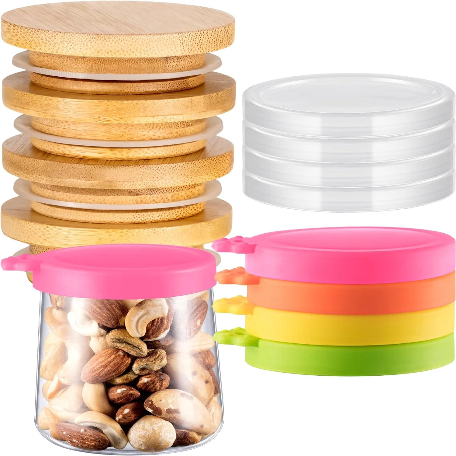 Mumufy 12 Pcs Yogurt Jar Lids Clear Plastic Silicone and Bamboo Wood Container L