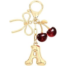 Bubble Initial Keychain Bow Cherry Gold Letter Bag Charm for Women Purse Handbag