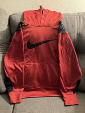 NIKE THERMA FIT Boys SMALL Red Hoodie Black Logo Fleece Pullover Sweatshirt