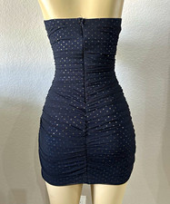 Women’s Black Strapless Ruched Polka Dot Bodycon Mini Dress S Stretch Zip