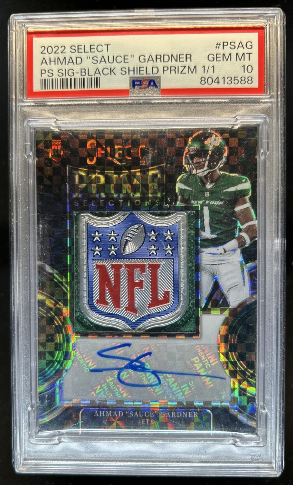 2022 Select Ahmad "Sauce" Gardner Black NFL Shield Patch Auto RC #1/1 PSA 10