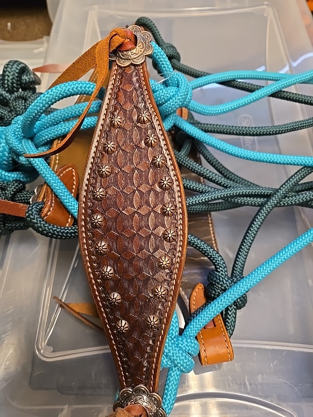 Green/blue Hand Tooled Leather Bronc Rope Horse Halter, Conchos, Adjustable