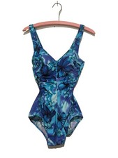 MAXINE OF HOLLYWOOD Blue Floral Print One Piece Swimsuit Vintage Ruched Sides 8