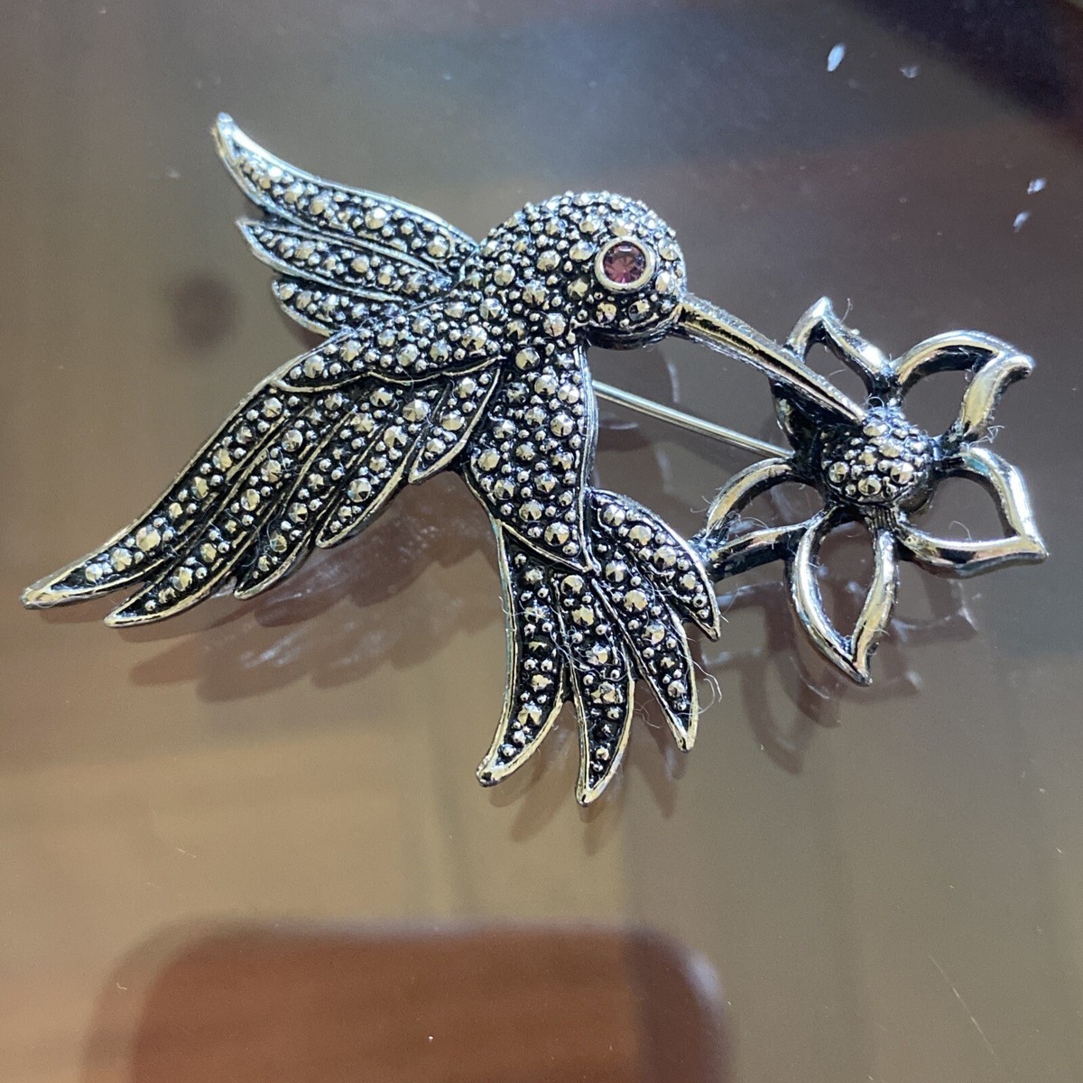 Vintage Avon Silver Tone Marcasite Amethyst Humming Bird Pin