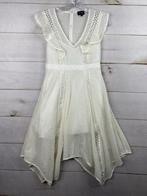 BARDOT Dress Sz 4 XS White Eyelet Cutout Lined Crochet Asymmetrical Hem  Summer | eBay