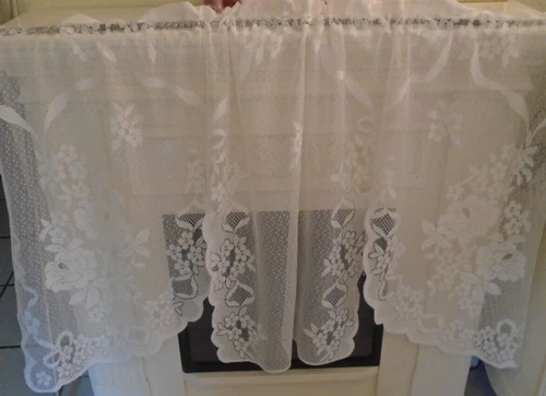 Curtain Valance Ivory Lace Roses Split Curtain Shabby Cottage Farmhouse