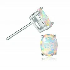 Solid .925 Sterling Silver 7 X 5MM Fire Opal Oval Cut Stud Earrings For Women