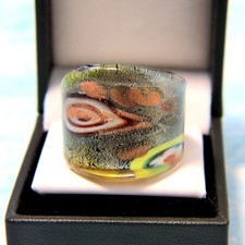 Bohemian Silver Foil abstract Floral theme Hand Blown Glass Bling Ring sz 10.5