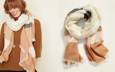 NWT Old Navy Long Flannel Blanket Scarf Wrap Shawl Tartan Pashmina Cream Combo