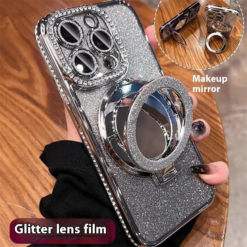 Makeup Mirror Bracket Phone Case Glitter Protective Cover-image