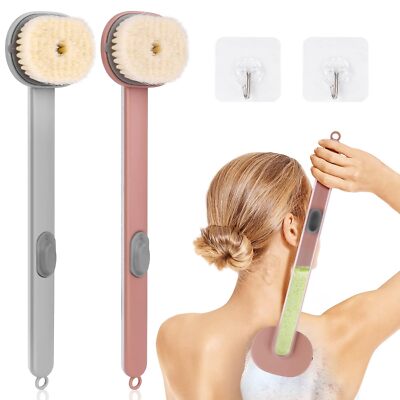 2 Pack Back Scrubber for Shower, Long Handled Shower Brush with Soap Dispenser