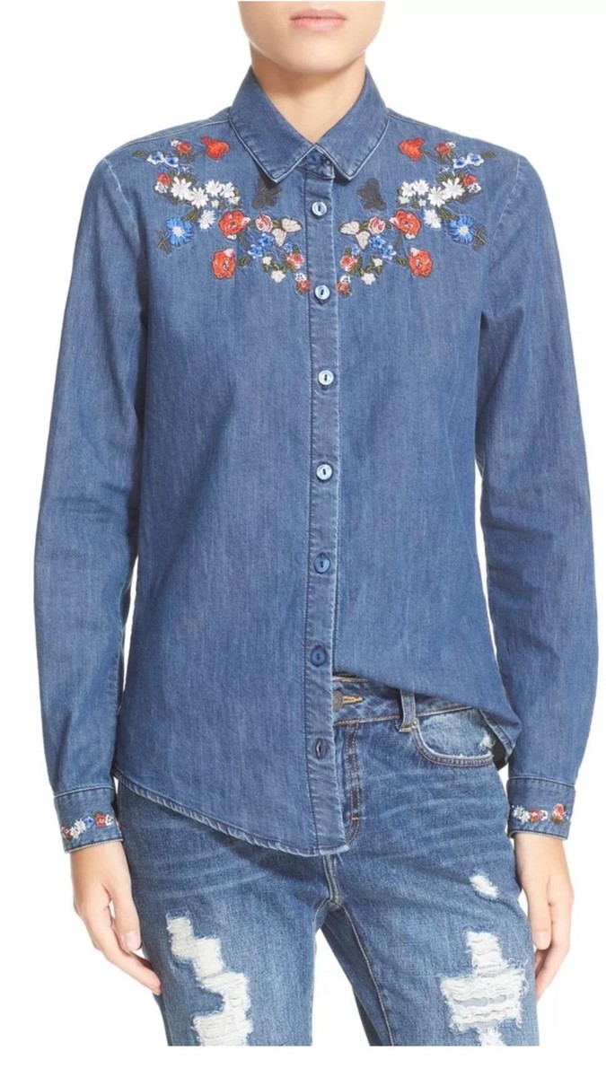 The Kooples Embroidered Jeans Floral Denim Shirt, S | eBay UK