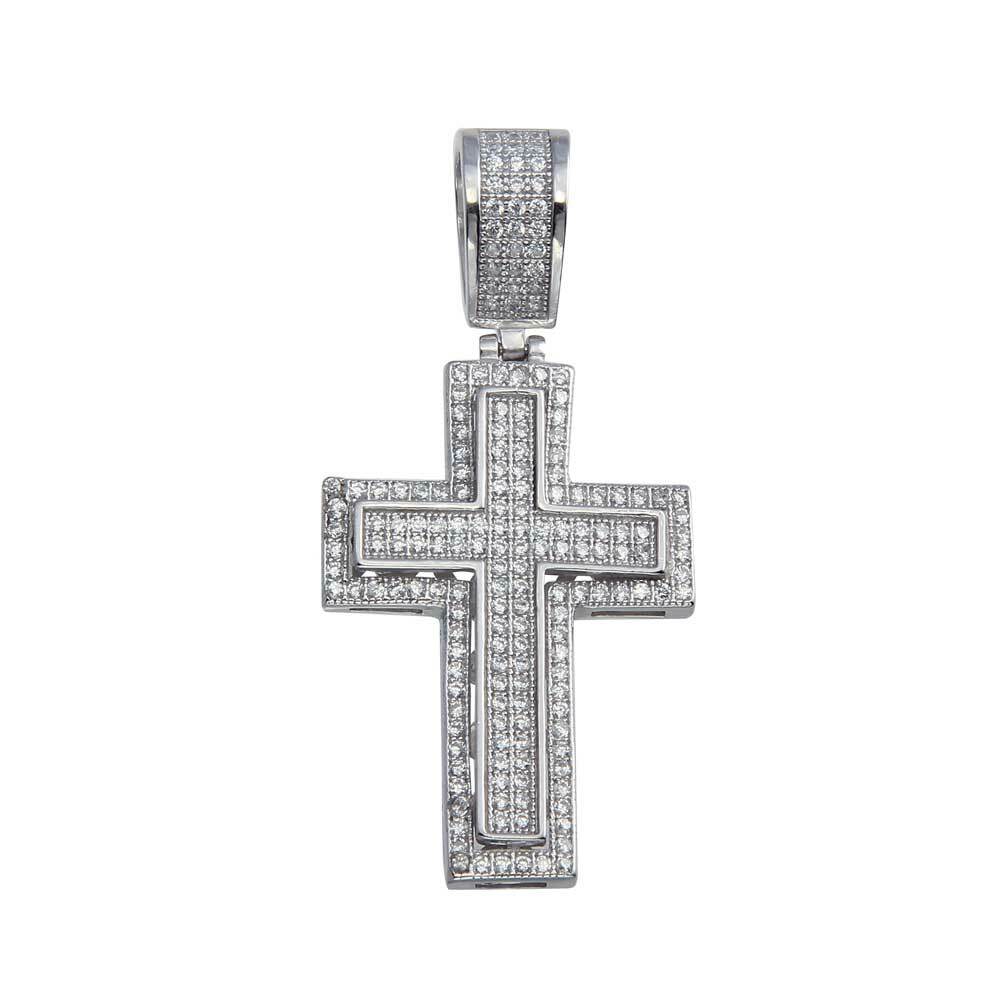 Men's Sterling Silver Bordered Cross Pendant w/ Micro Pave