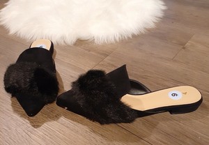 black faux fur mules