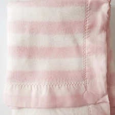 Vintage Baby Blanket Pink and White Striped 2" Trim  34" x 50"