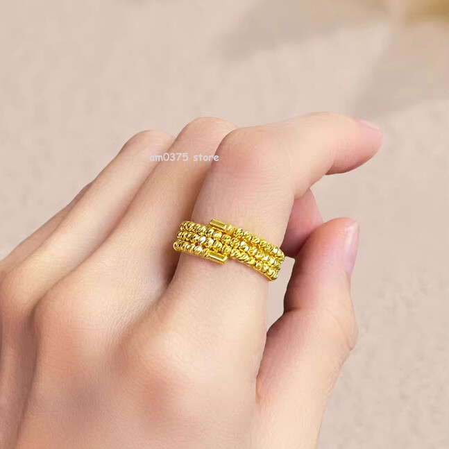 999 Pure 24K Yellow Gold Ring For Women 5G Bling Carved Beaded Band