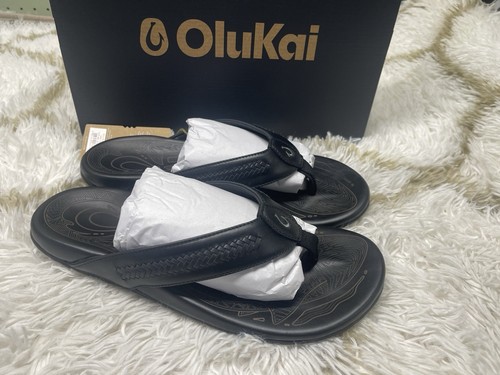 🧡*NIB*OluKai Men's Size 11 Mea Ola Mano Leather Beach Sandals - Black/Dk Shadow
