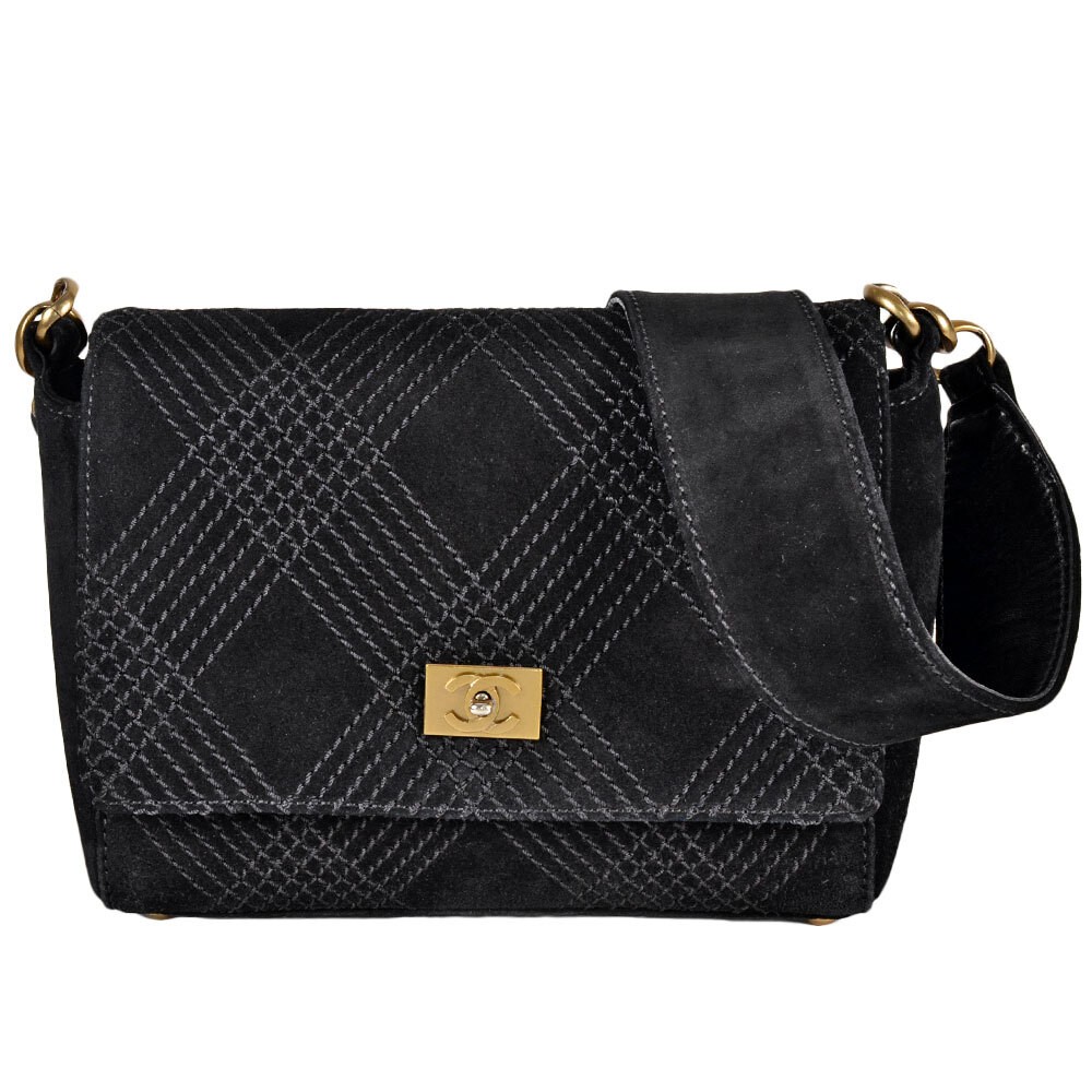 CHANEL Coco Mark Wild Stitch Shoulder Bag Suede Black