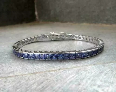 #ad 11Ct Princess Cut Blue Tanzanite Women#x27;s Tennis Bracelet 14K White Gold Finish $121.00