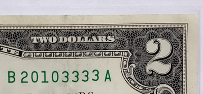 #ad $2 Bill 2017A Fancy Serial Number Quaternary 0123 W QUAD B 20103333 A $9.99