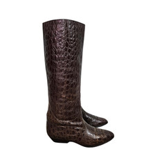 Italian 1980s Brown Leather Knee High Faux Alligator Boots Sz 8.5 Specchio
