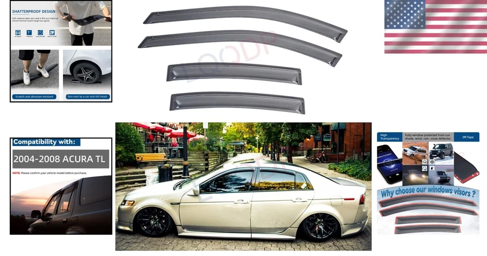 Reinforced Acrylic Dark Smoke Window Visors - Acura TL 2004-2008 - Easy Install - Изображение 2 из 4