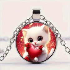Cute White Kitten with Red Roses  Hearts Round Glass Pendant Necklace