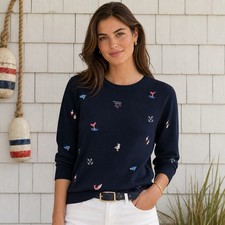 Talbot  s Nautical Embroidered Cotton Blend Sweater Navy 3/4 Sleeve Beach SP