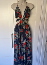 Shein blue tropical patterned maxi dress. Strappy cut out detailing. Sz M 10/12