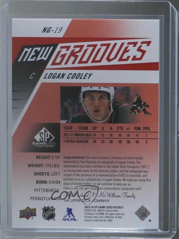 2023 Upper Deck SP Game Used New Grooves Jersey /25 Logan Cooley Rookie Auto RC - Image 2 of 2
